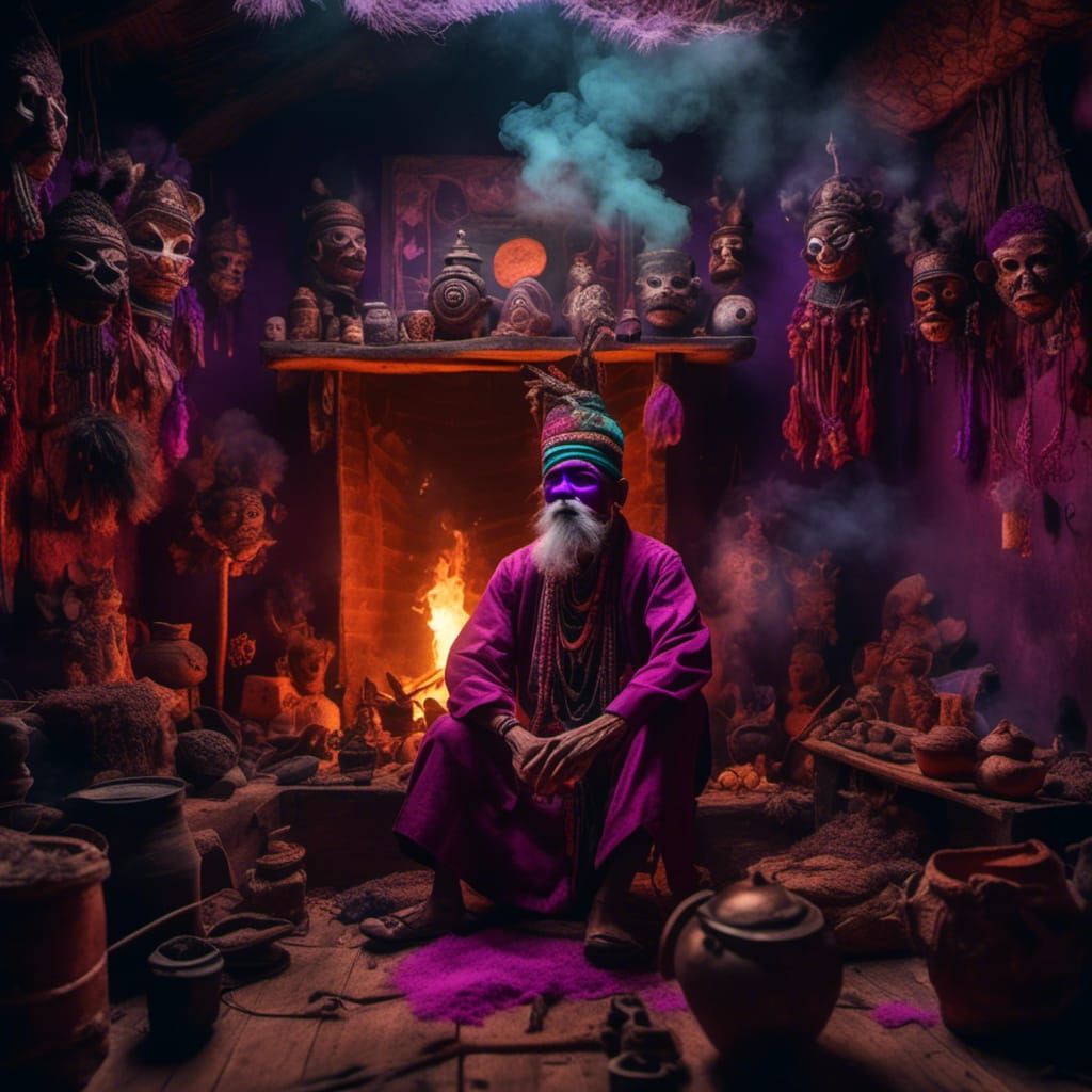 Javanese Shaman Ritual in Synthwave Neon Style