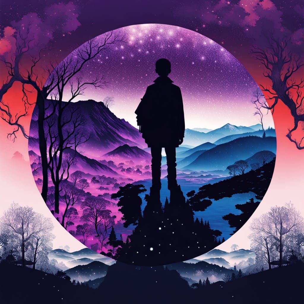 psychedelic art cosmic elemental psychedelic storybook illustration surrealism, double exposure, mountains winter landsc...