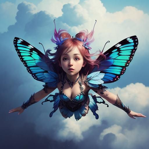 Tiny Girl Soars Among Clouds in Vibrant Splash Art