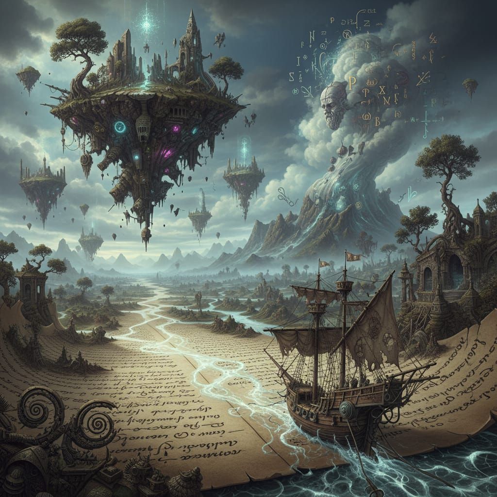 Ethereal Floating Islands Above Ancient Manuscript