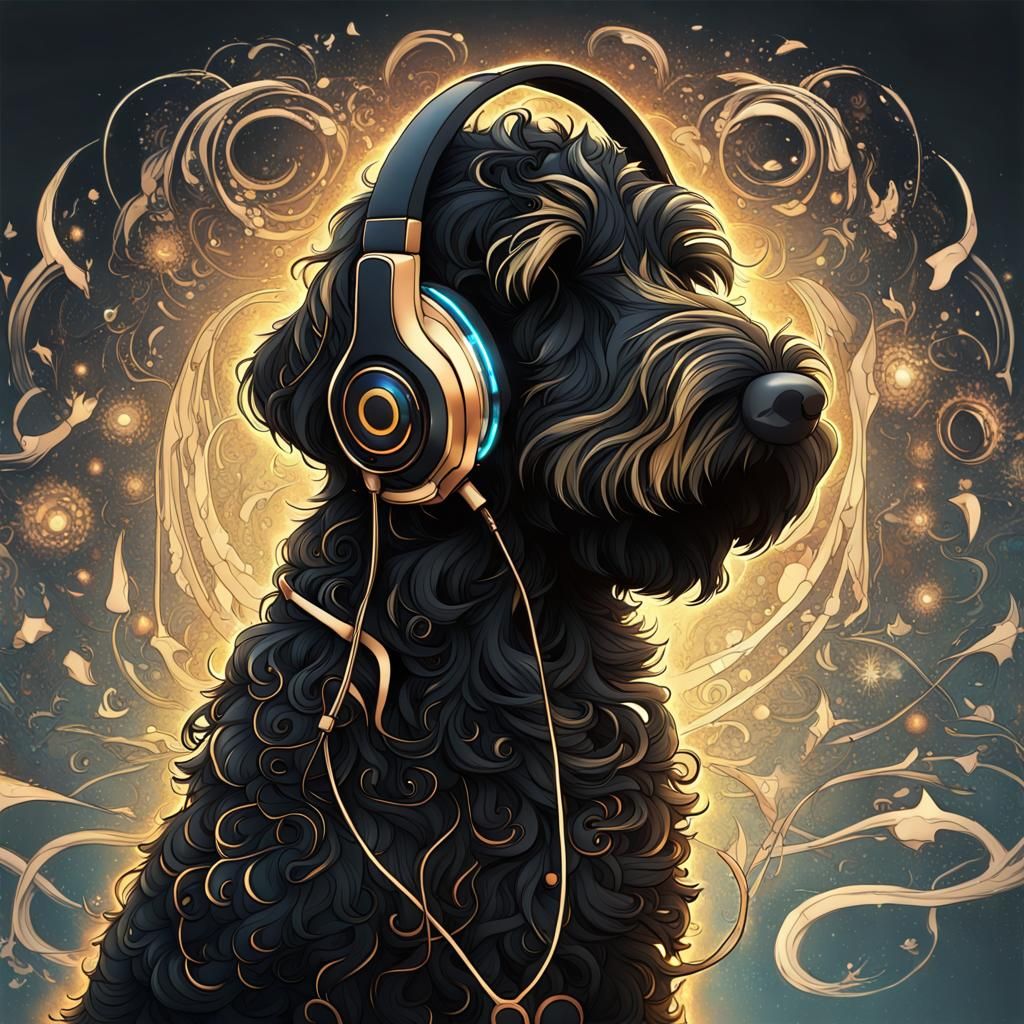 Black Golden Doodle with Headphones in Anime Style