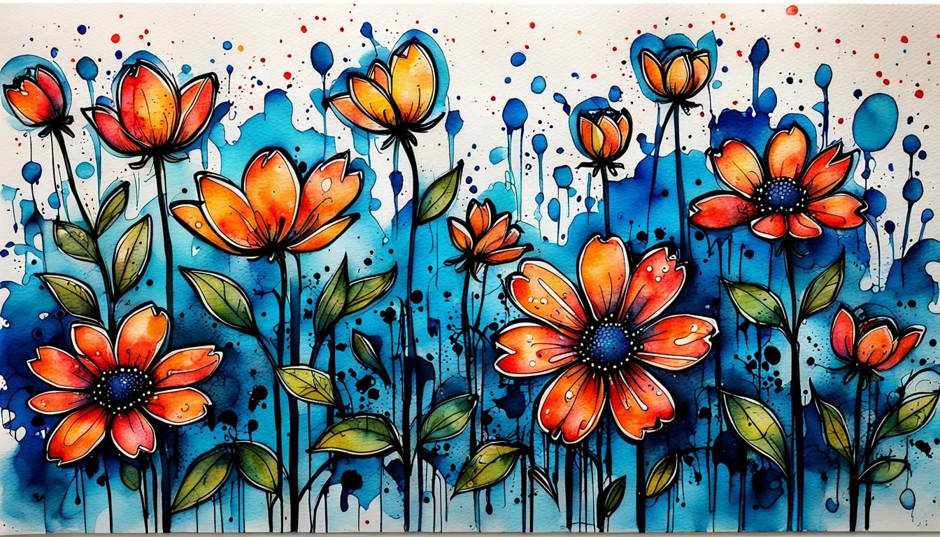 Graffiti Flowers Ink and Watercolor Painting