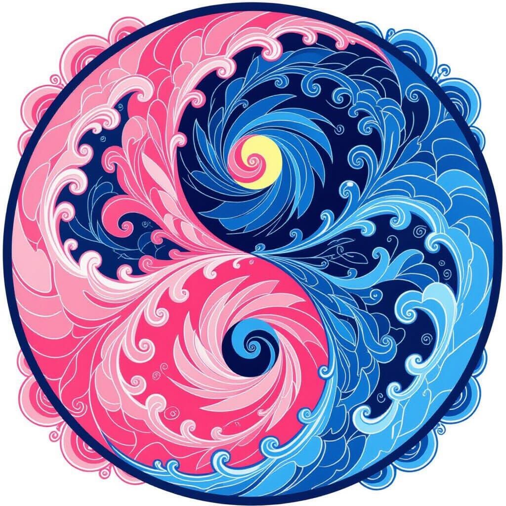 Pink and Blue Yin Yang in Pop Surrealist Style