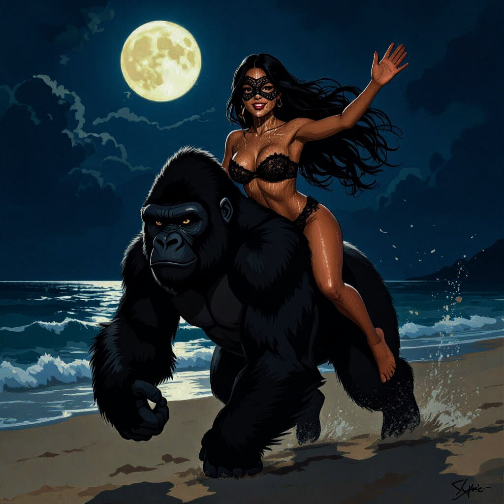 Latina Riding Gorilla on Moonlit Beach