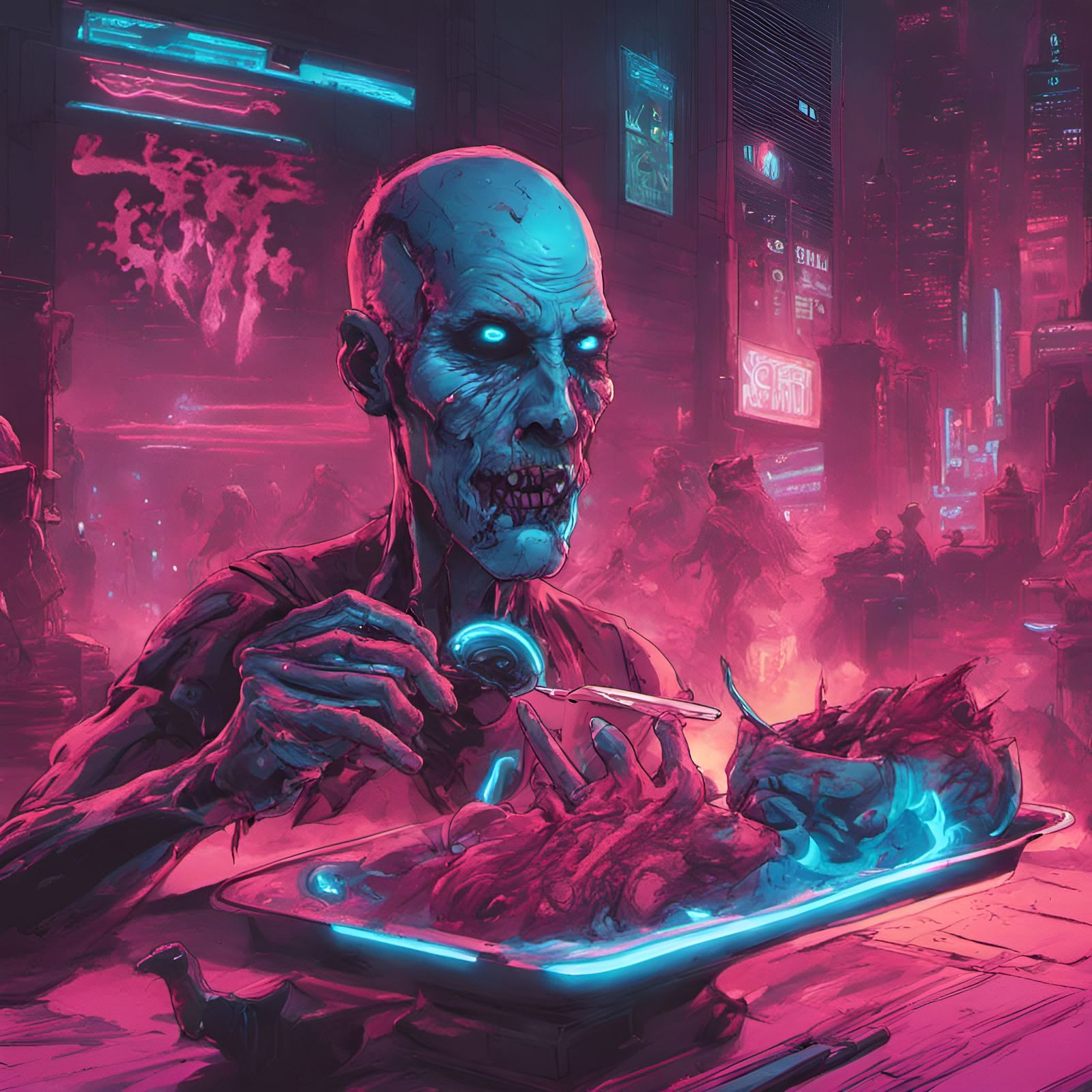 Cyberpunk Zombie Ghouls Feast in Neon City