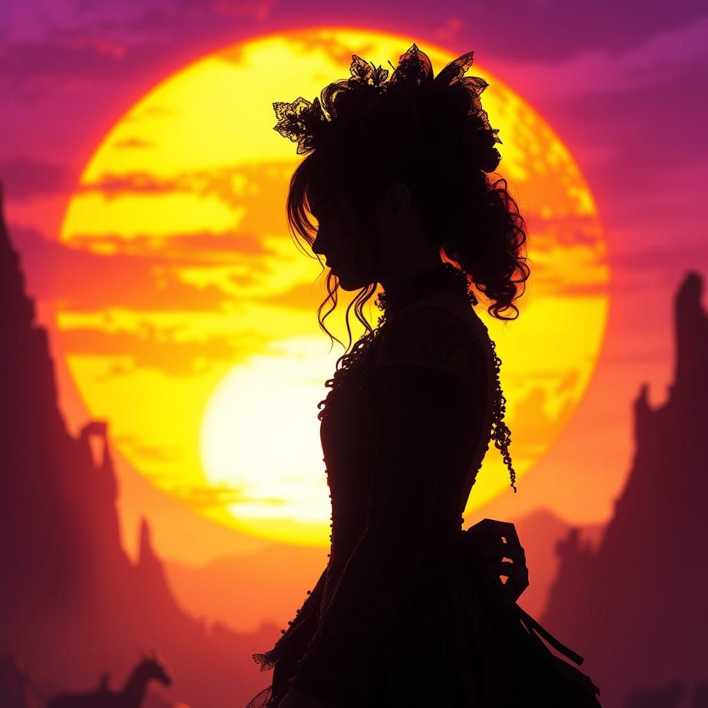 Enigmatic Victorian Maiden Basks in Sunset Glory