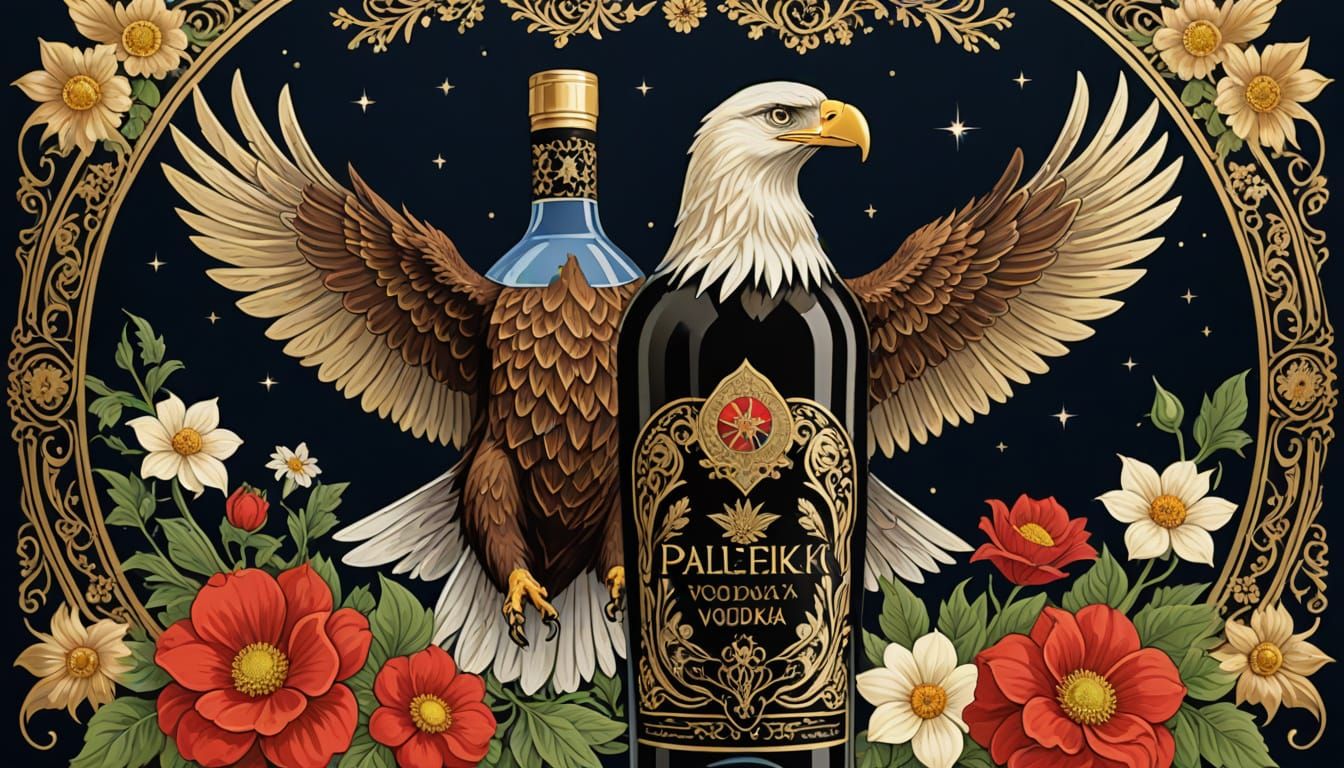 Elegant Palekh Art Vodka Label Features Majestic Eagle