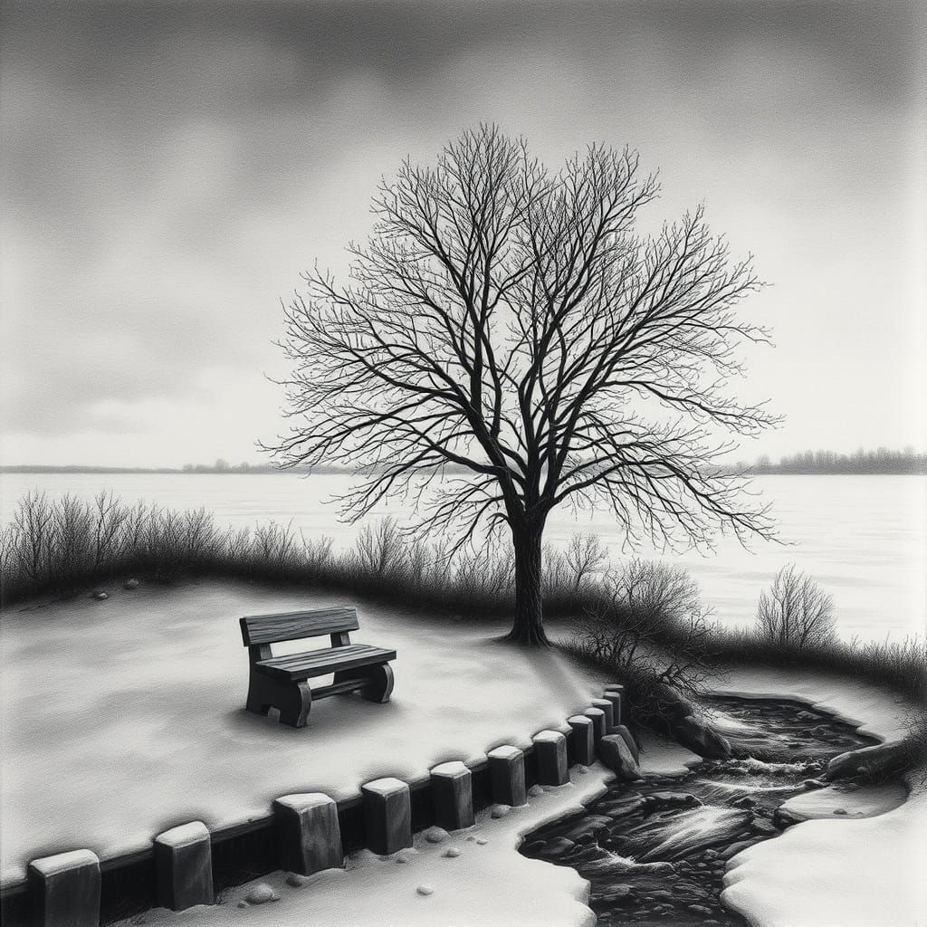 Winter Twilight Scene with Bench and Leafless Tree