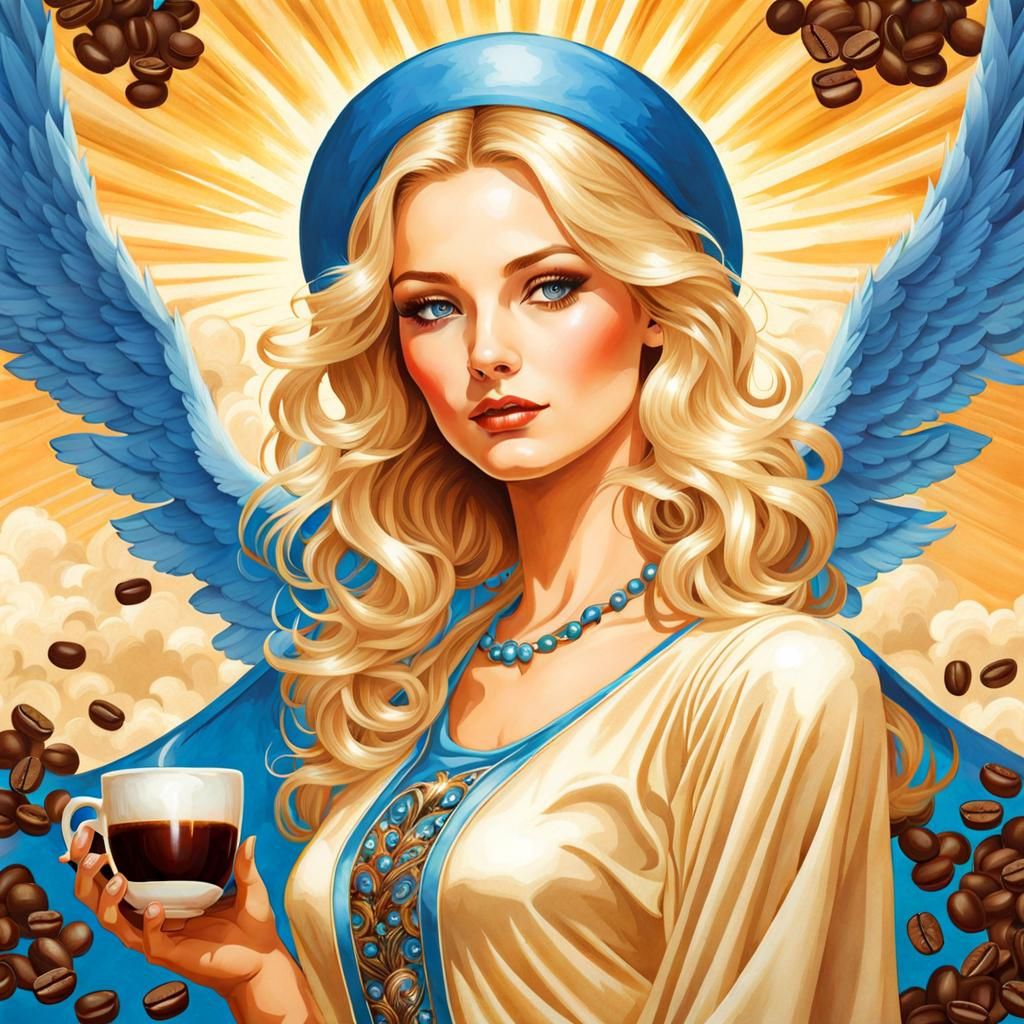 Blonde Angel Coffee Goddess with Blue Eyes