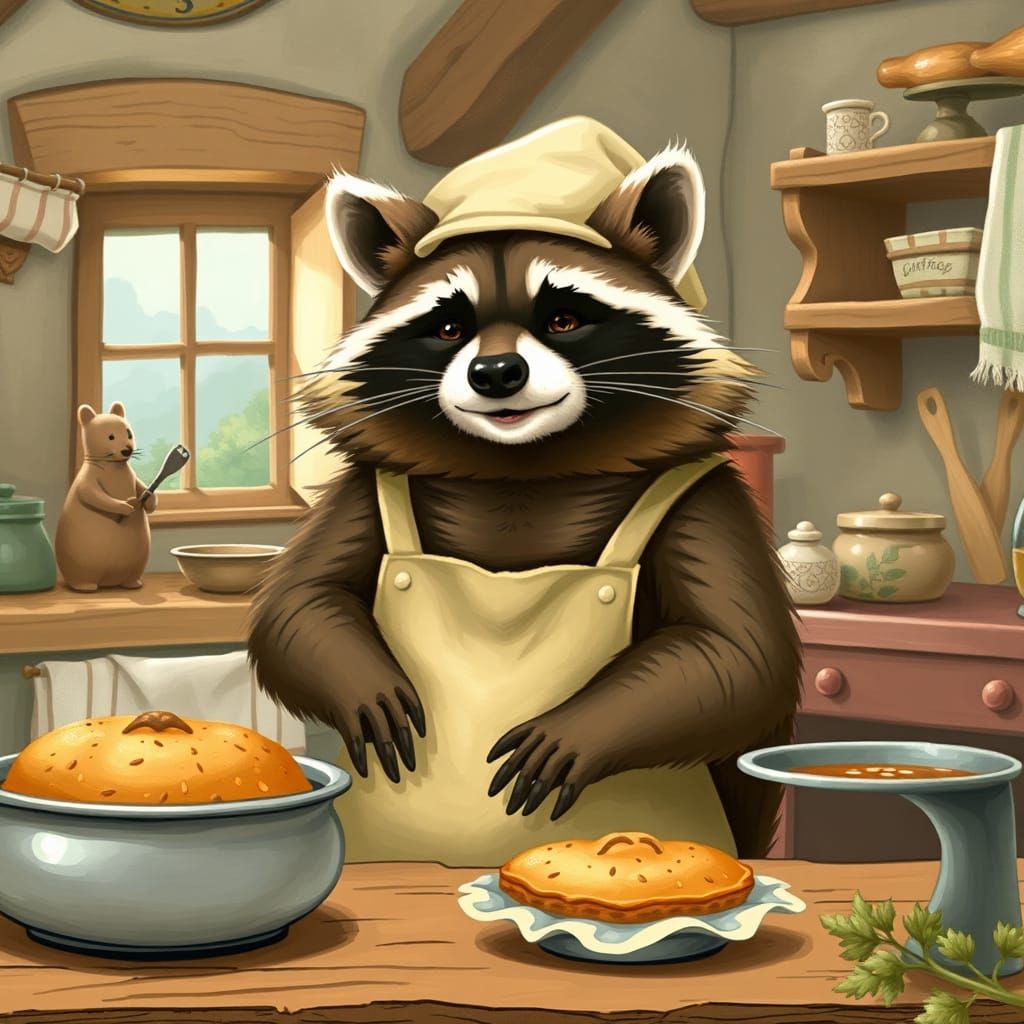 Cozy Whimsical Kitchen Scene with Chubby Raccoon Baker