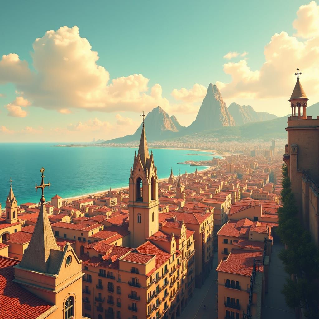 Barcelona Skyline from the Sea: Vintage Travel Poster