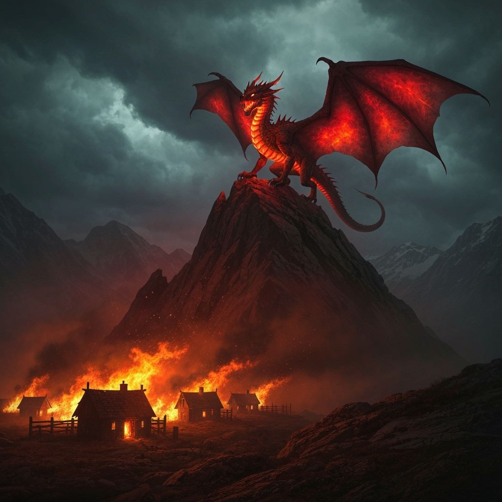 Dragon Over Burning Village in Dark Fantasy Style