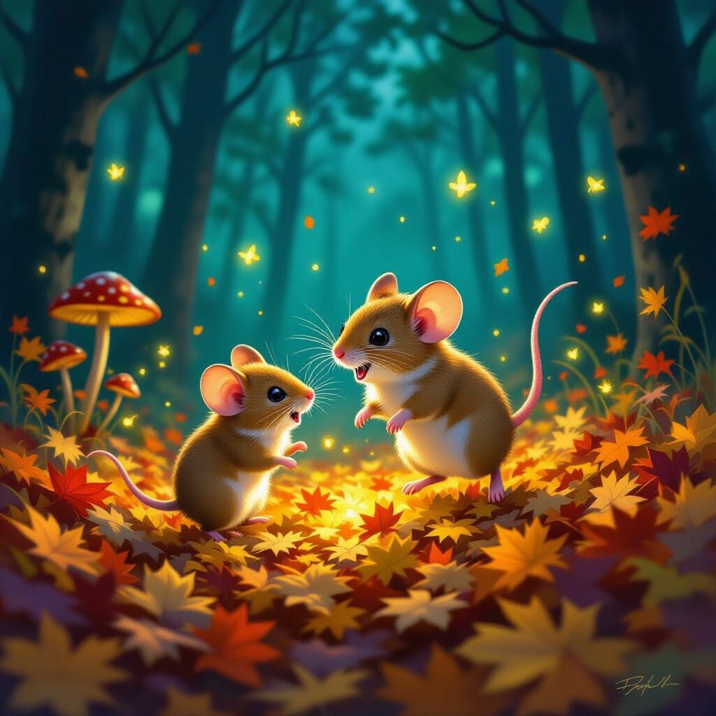 Bioluminescent Mice Chase Through Autumn Leaves