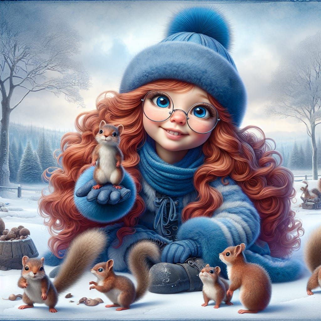 hyperrealistic ultra detailed 3D 24K whimsical 7-year-old girl with long red curly hair,