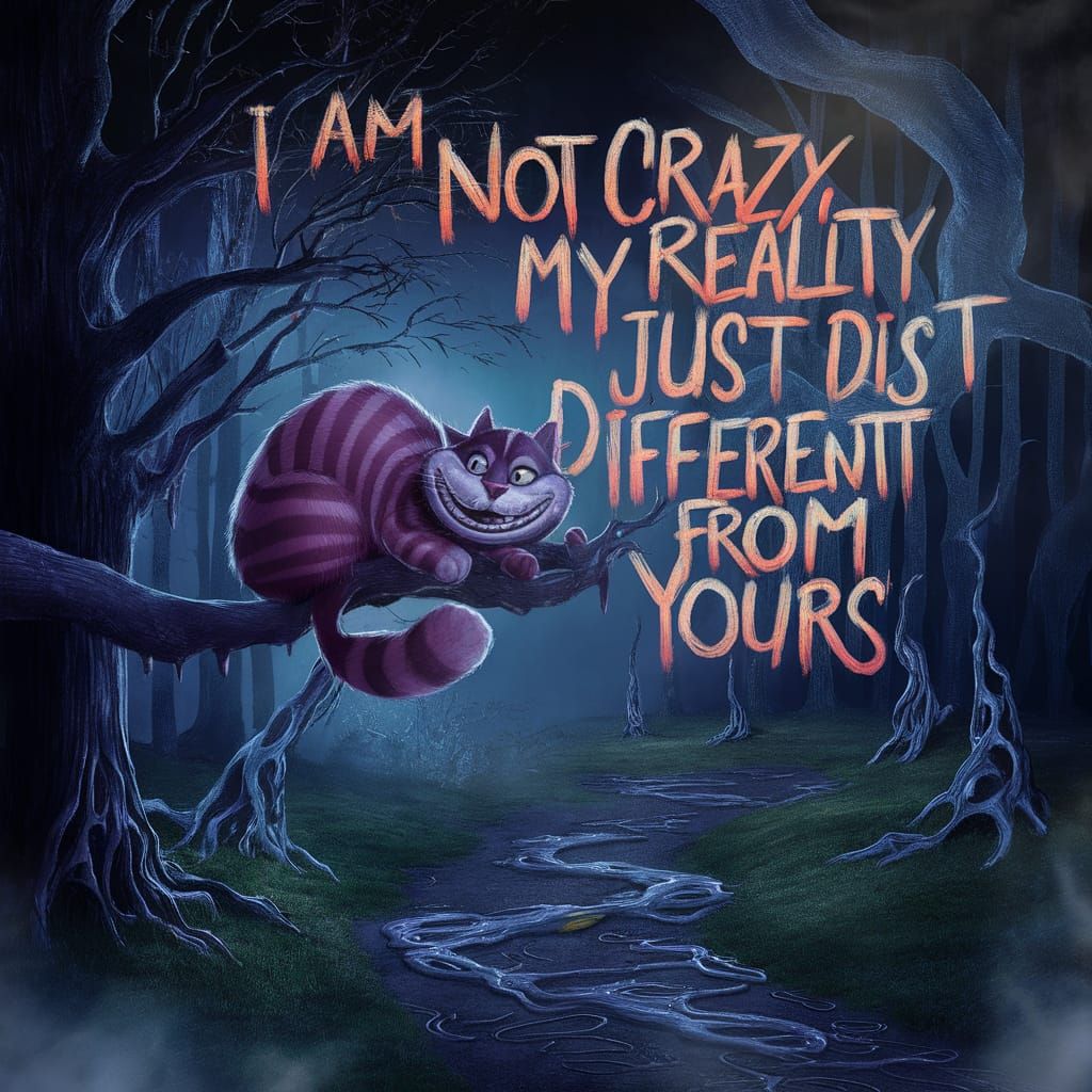 Surreal Cheshire Cat in Dark Fantasy Landscape