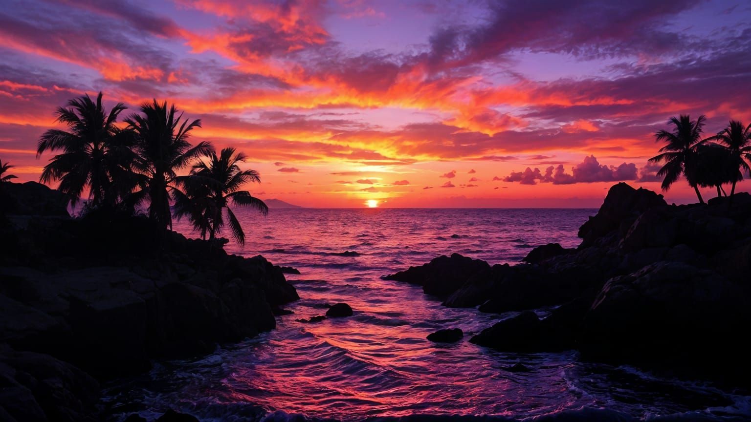 Serene Sunset over Tranquil Bay in Vibrant Purple and Orange