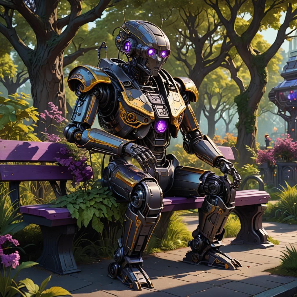 Friendly Robot in Futuristic Park, Dark Fantasy Art