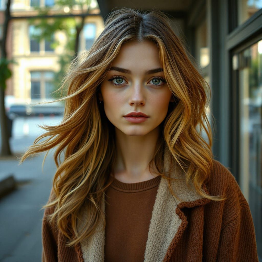 Tortoiseshell-Inspired Woman in Urban Setting: Cinematic Aes...