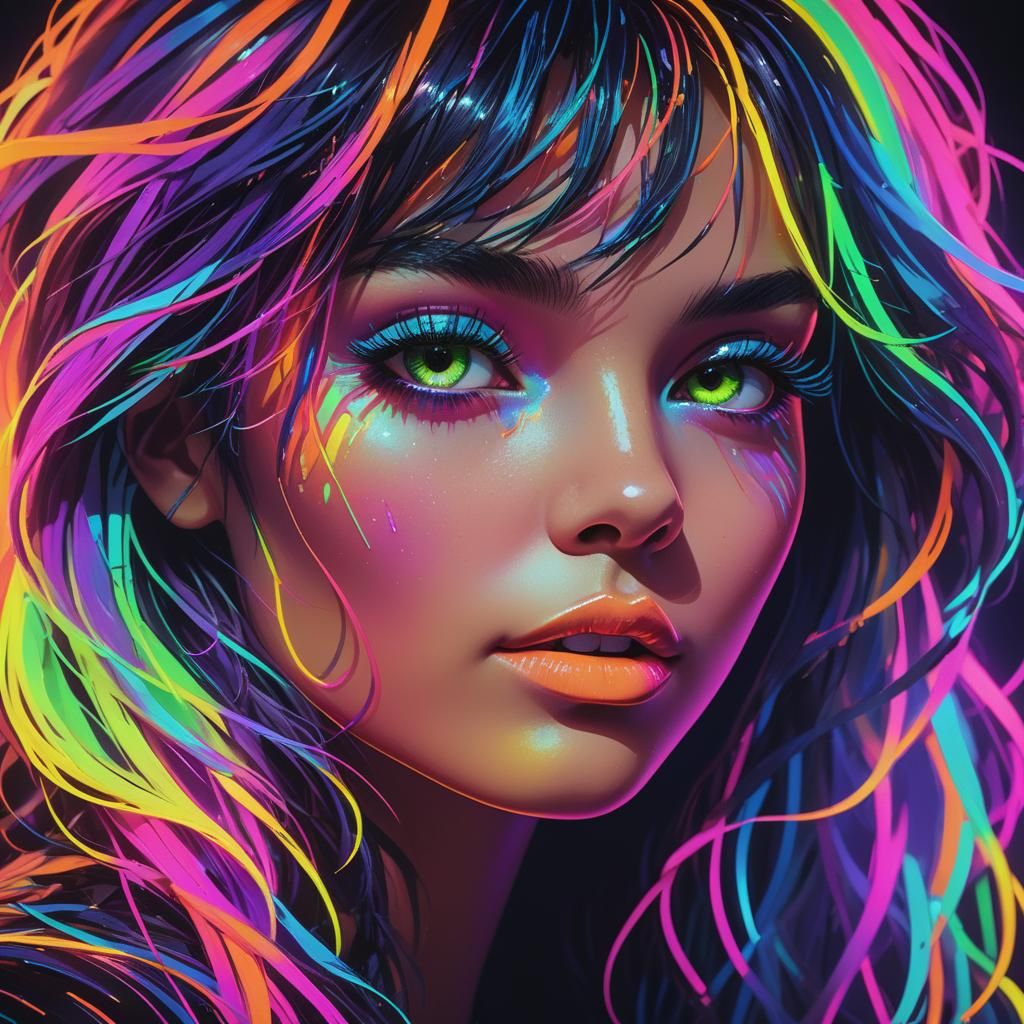 Dark silhouette portrait of a beautiful lady in neon colors,...