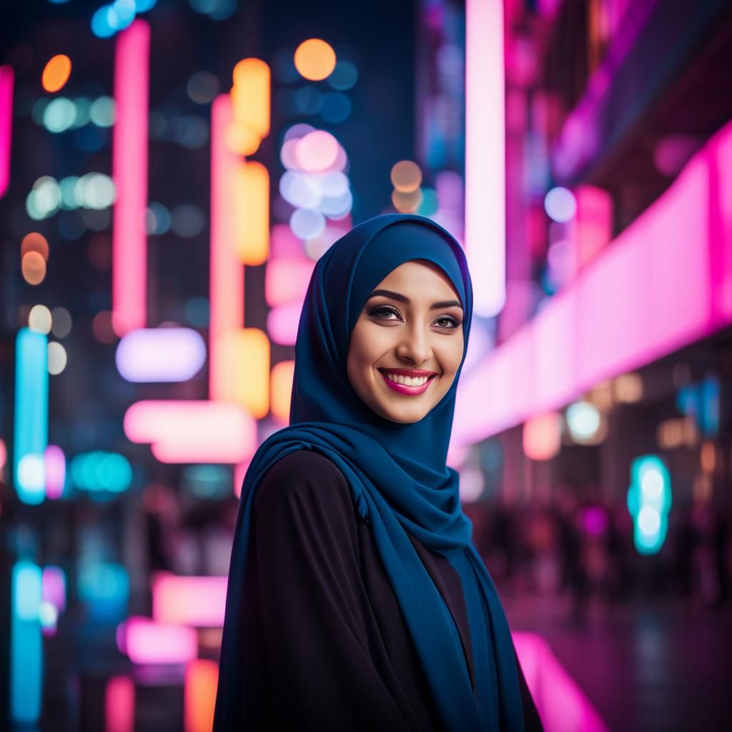 Girl in Hijab in a Futuristic Neon City