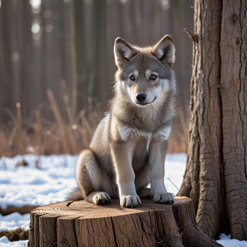 Young Wolf Puppy in Winter Landscape