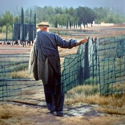 Man Walks Perimeter Fence: Oil on Canvas