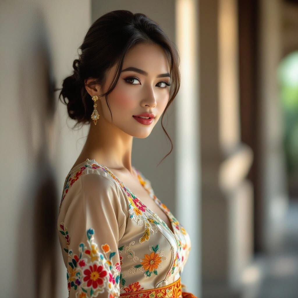 Elegant Asian Woman in Beige Brokat Kebaya and Javanese Kain