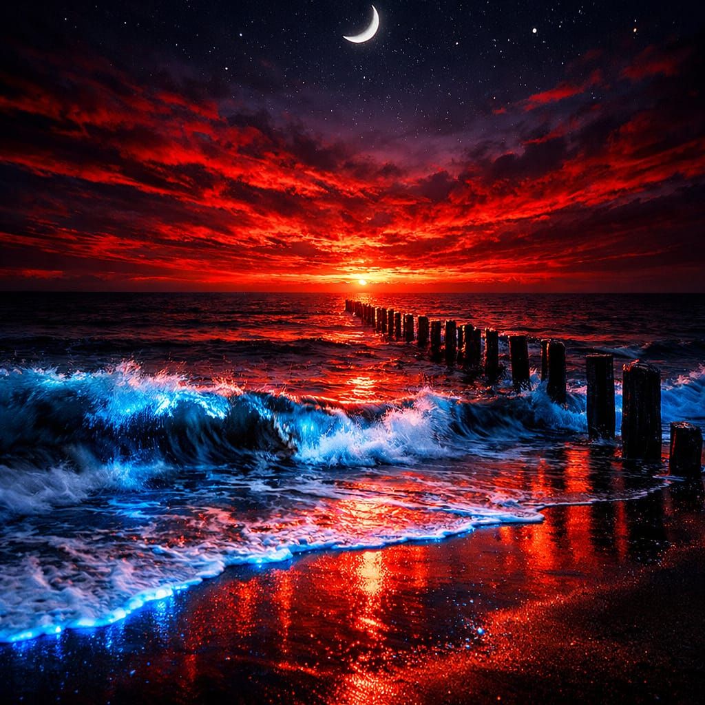 Dramatic Blood-Red Sunset Over Bioluminescent Ocean