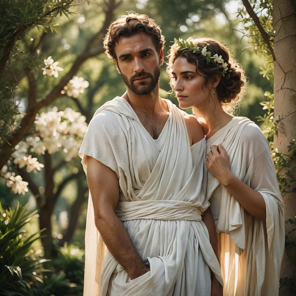 Woman in Roman Goddess Dress With Man