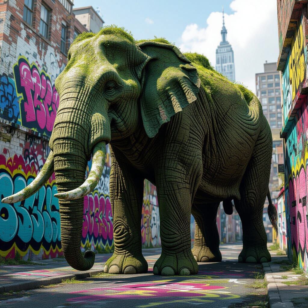 Tree Branch Elephant in Vibrant Urban Art Landscape
