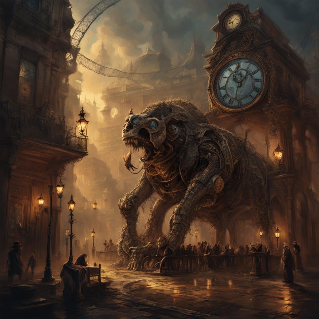 Ethereal Steampunk Beast Amidst Clockwork Horror