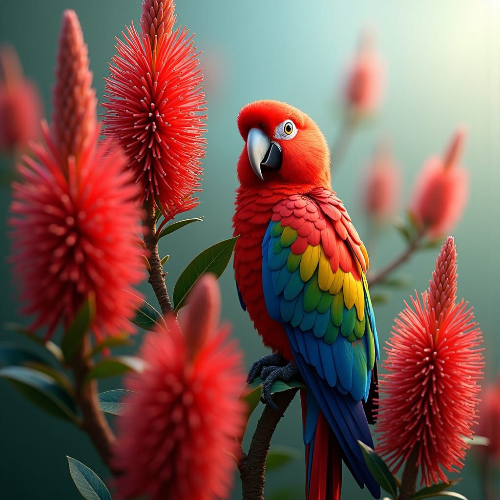 Rosella Parrot and Bottlebrush Flowers in Digital Art