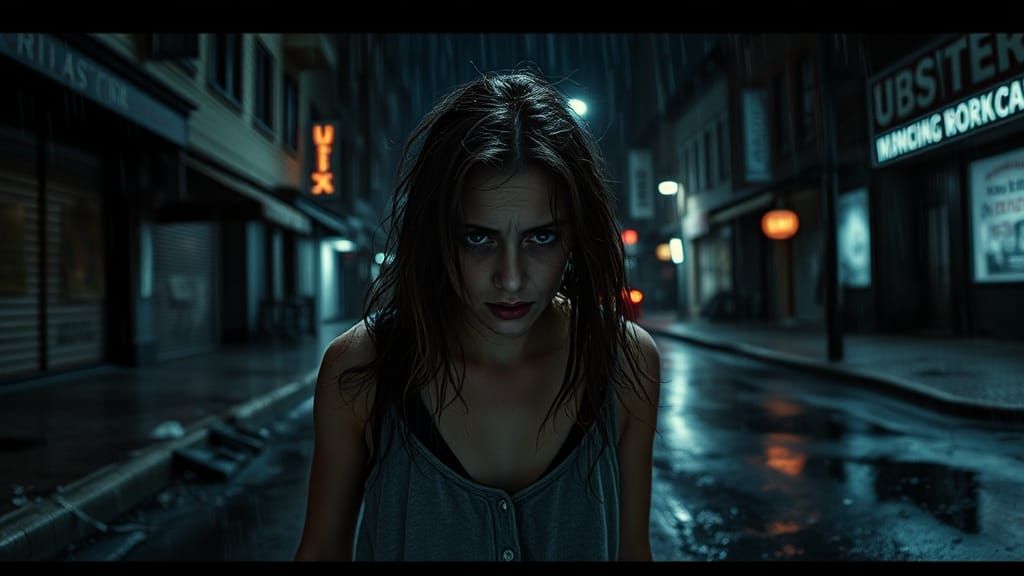 Distressed Woman in Rain-Soaked Street: Film Noir