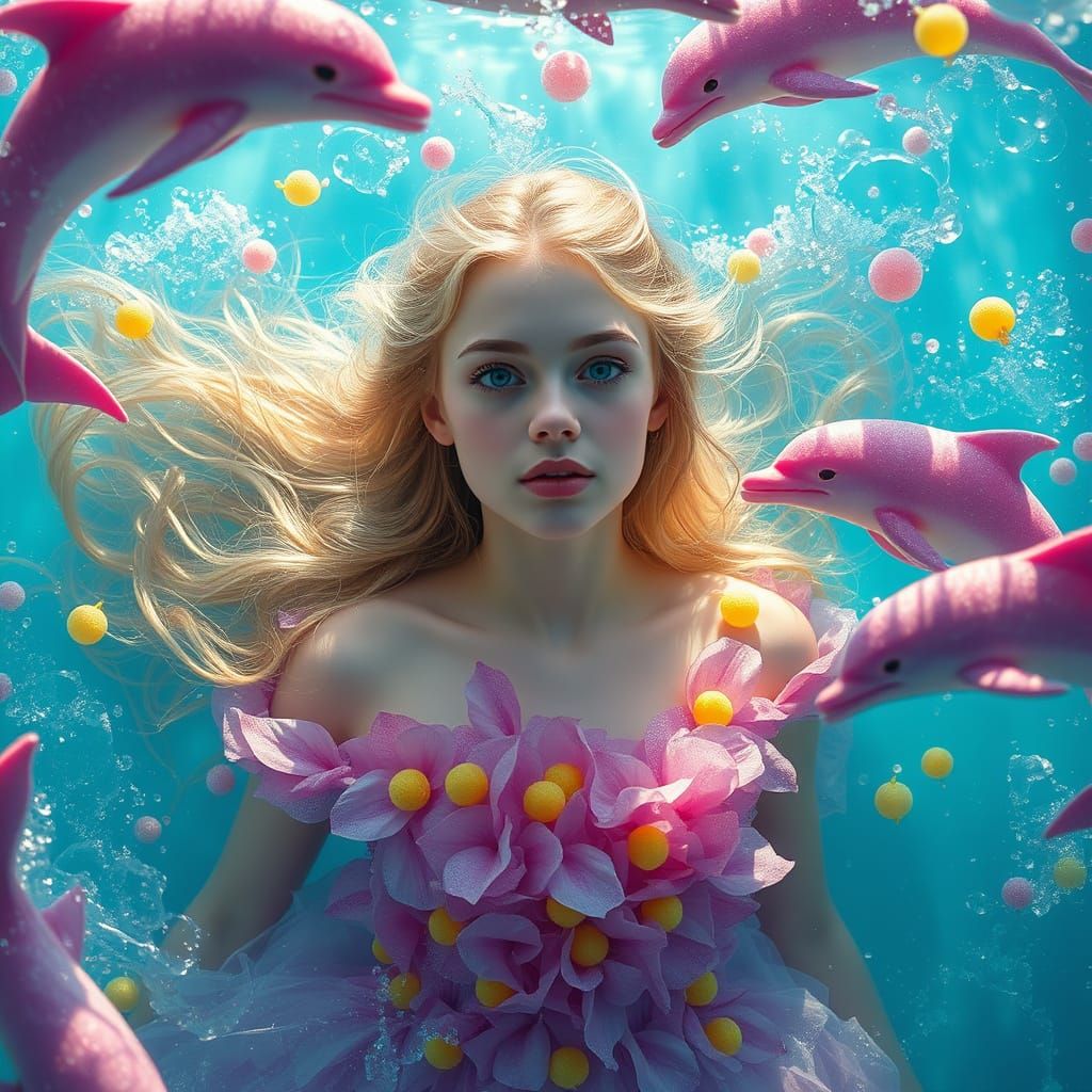 Dreamlike Soda Ocean with Candy Dolphins, in Whimsical Style