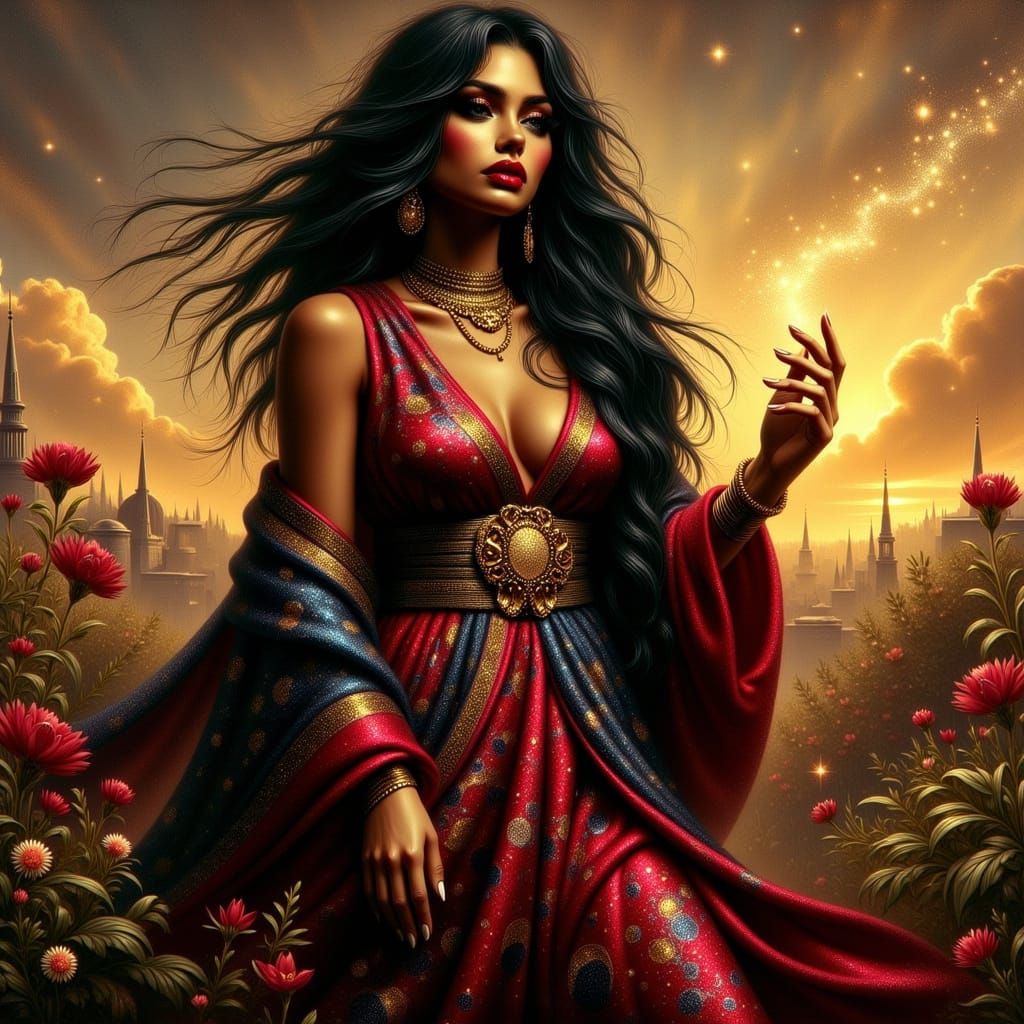Ancient Persian Goddess in Vibrant Royal Splendor