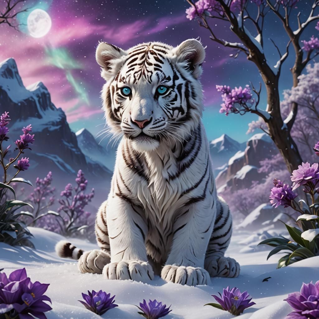 White Tiger Cub with Aurora in Winter Landscape