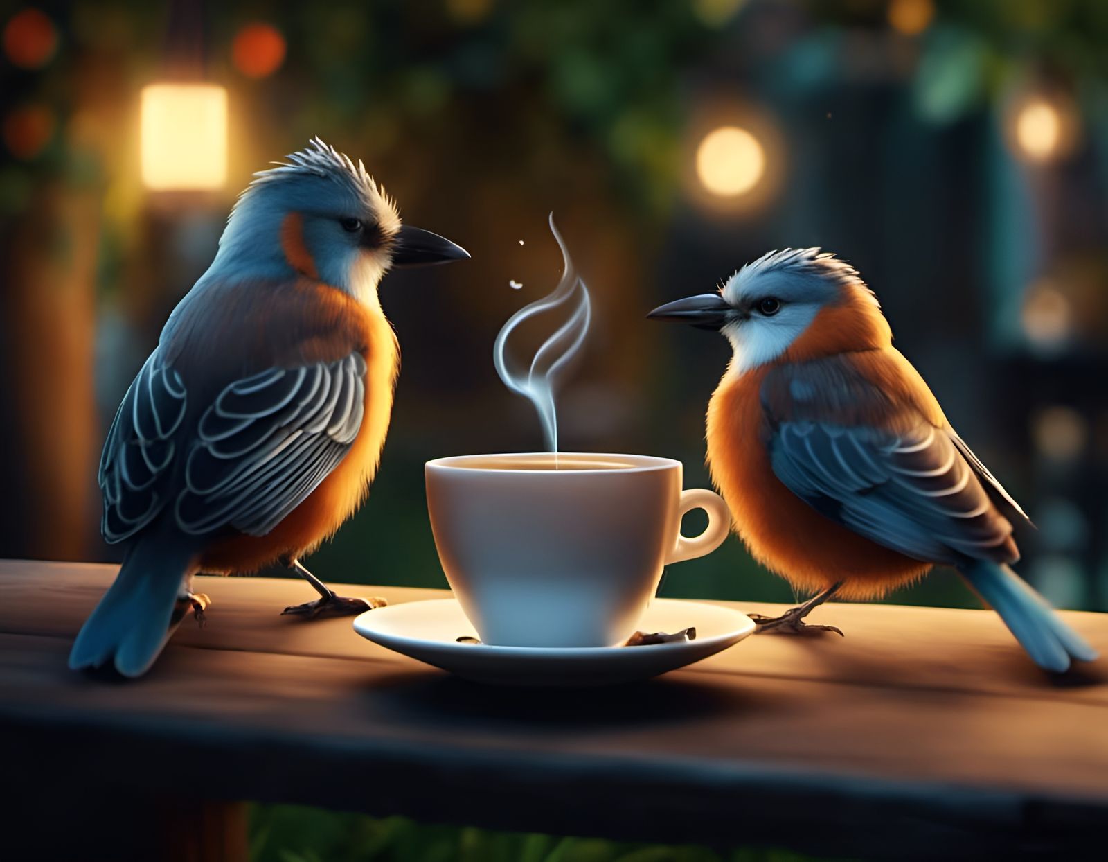 Hyperrealistic Birds Enjoying Coffee Date at Sunset