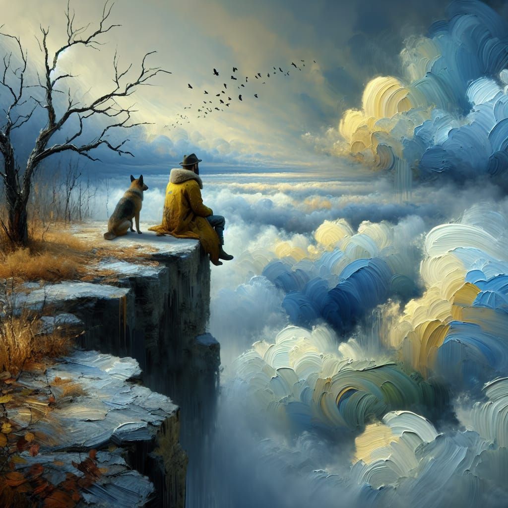 Solitary Figure on Cliff Edge with Impasto Clouds