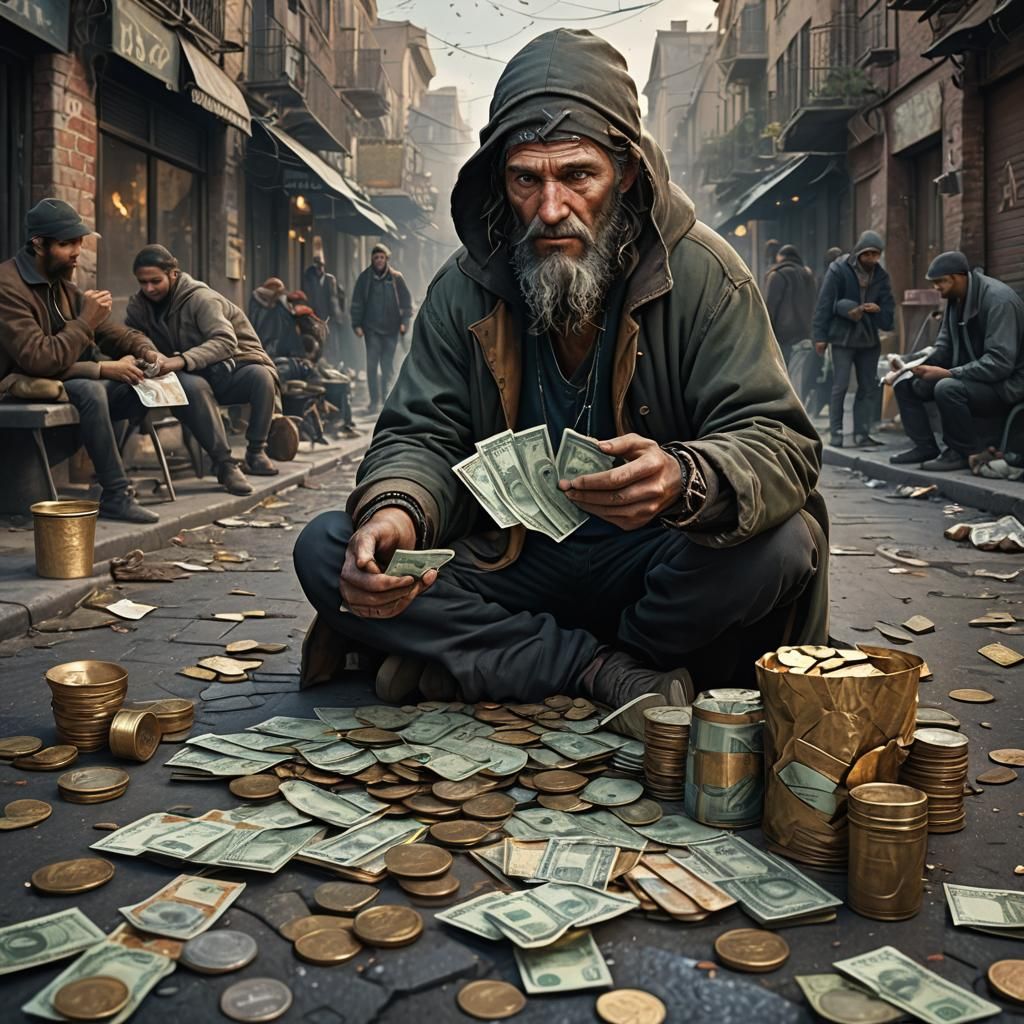 Homeless Man with Money: Detailed Matte Painting