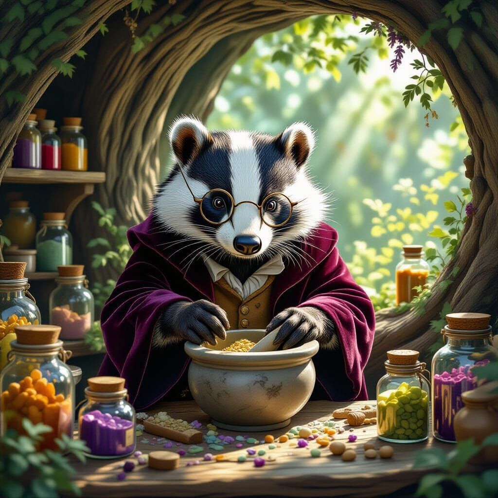 Badger Apothecary in Ancient Tree, Hyperrealistic Style