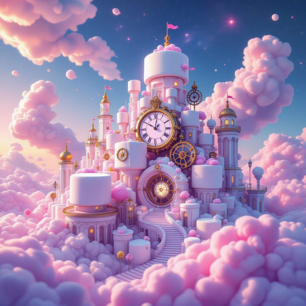 Surreal Marshmallow Cityscape with Clockwork Mechanisms