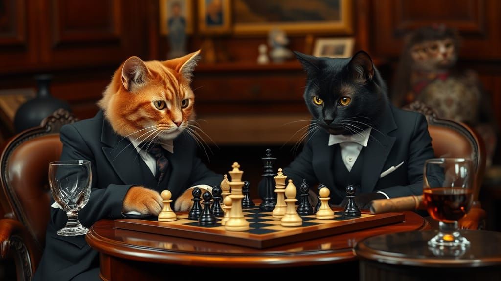 Victorian Cats Play Chess in Luxurious Study