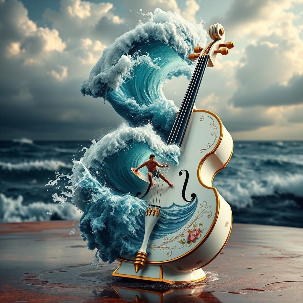 Surreal Victorian Cello Submerged in Raging Ocean Storm