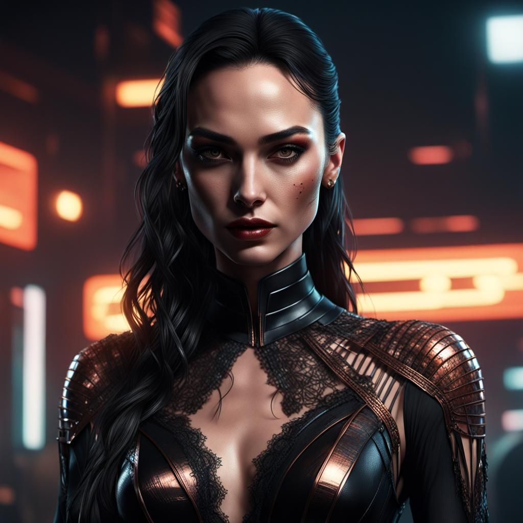 Cyberpunk Girl with Black Lace Dress and Copper Accents