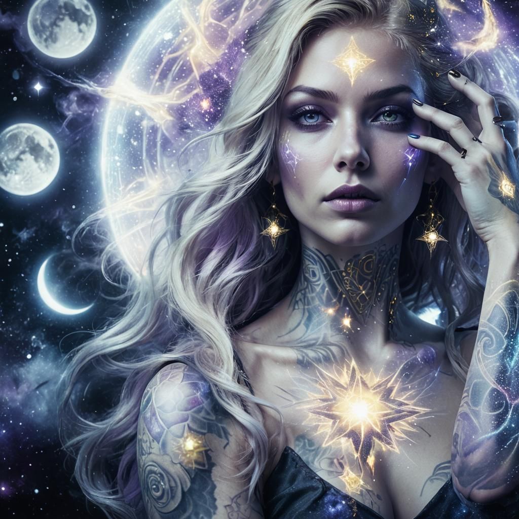 Cosmic Tattooed Woman: Dark Fantasy Art Nouveau Portrait