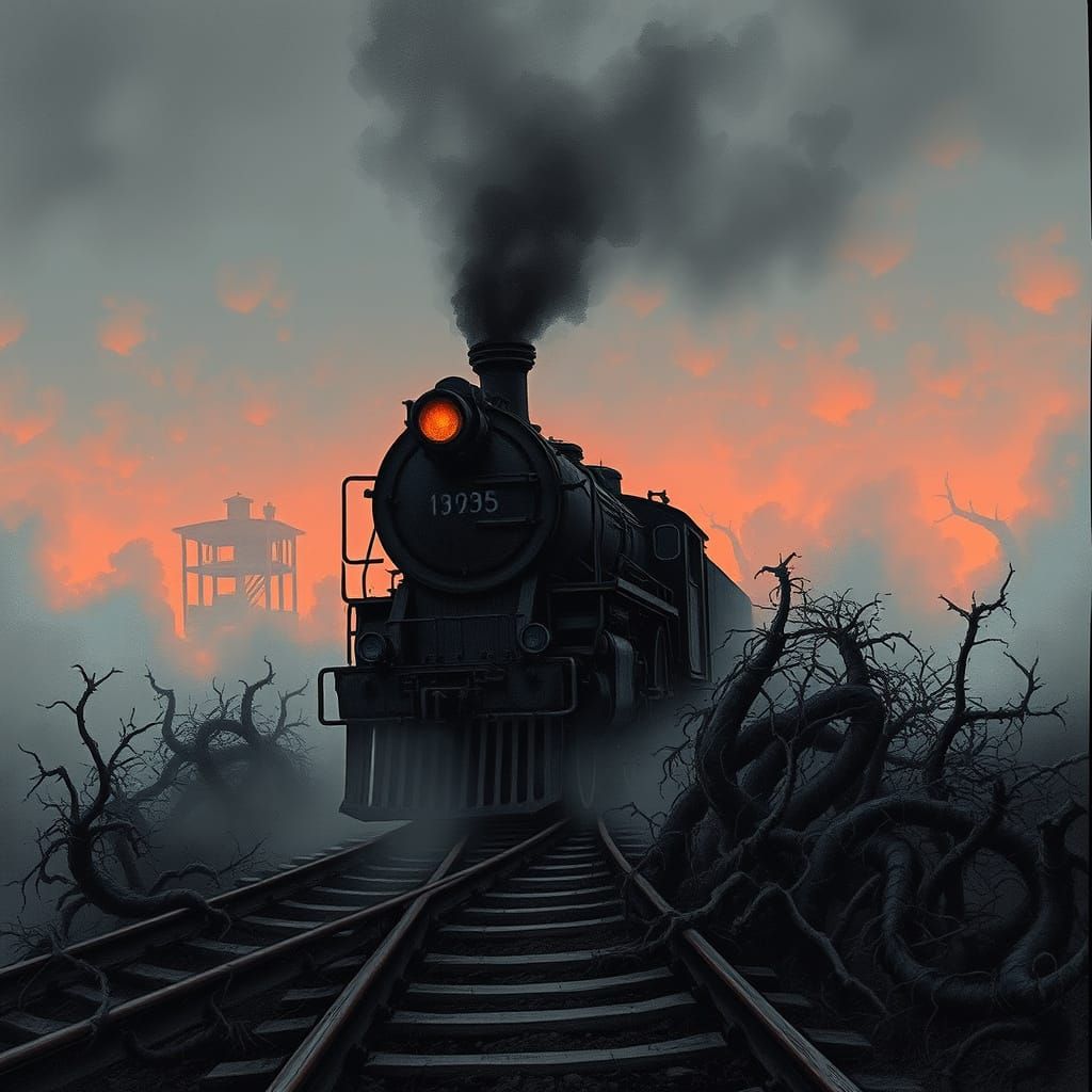 Ethereal Steam Train in Dark Fantasy Ink Drawing