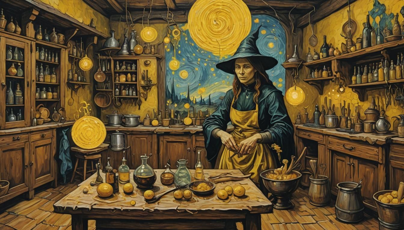 Hydrogen Molecule in Van Gogh Style Alchemy Kitchen