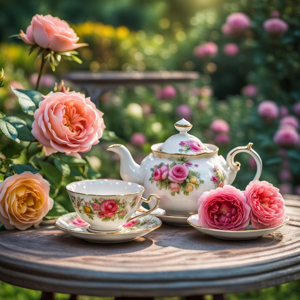 Elegant Rose Garden Tea Party: Hyperrealistic Photography