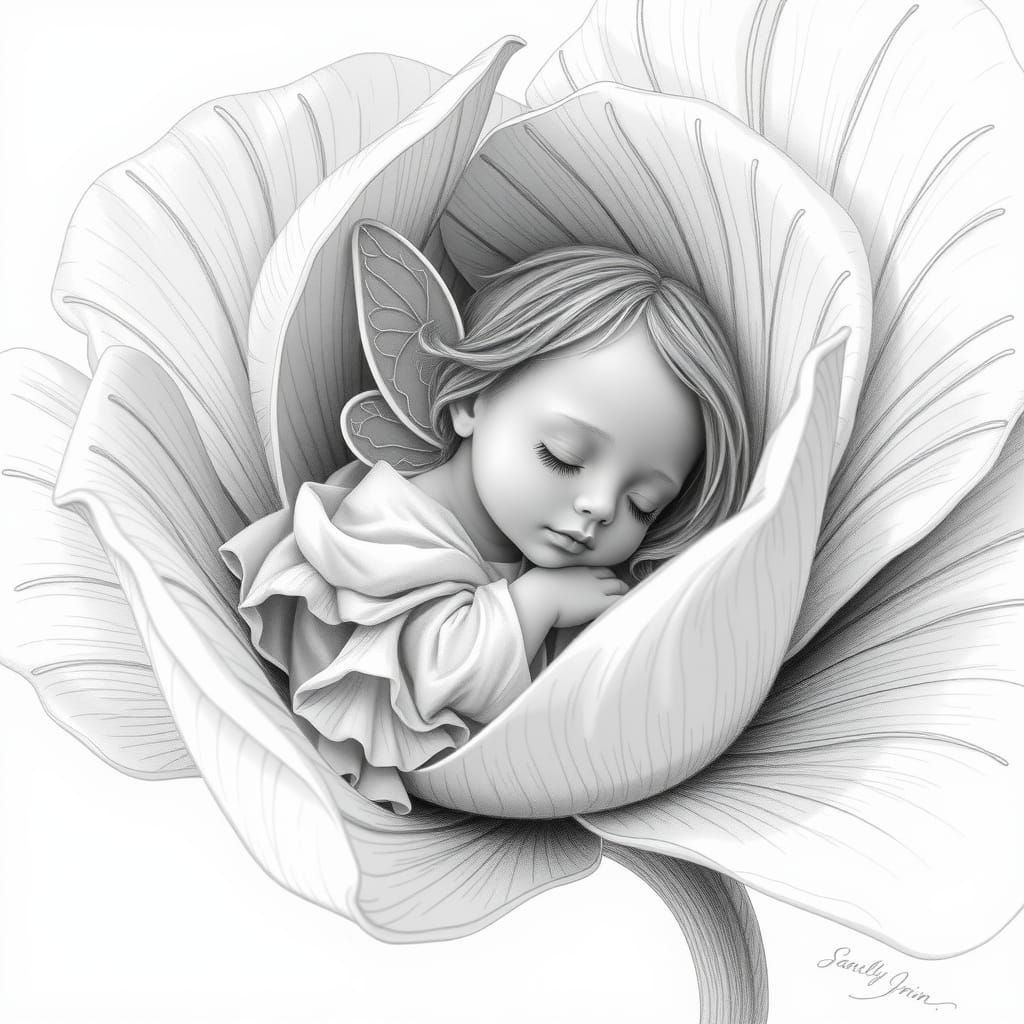Ethereal Fairy Baby Asleep in Flower, 3D Pencil Sketch
