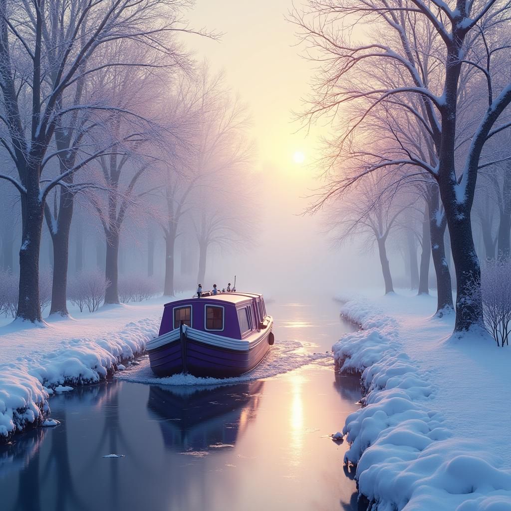 Purple Canal Boat on Snowy Canal in Winter Sunlight